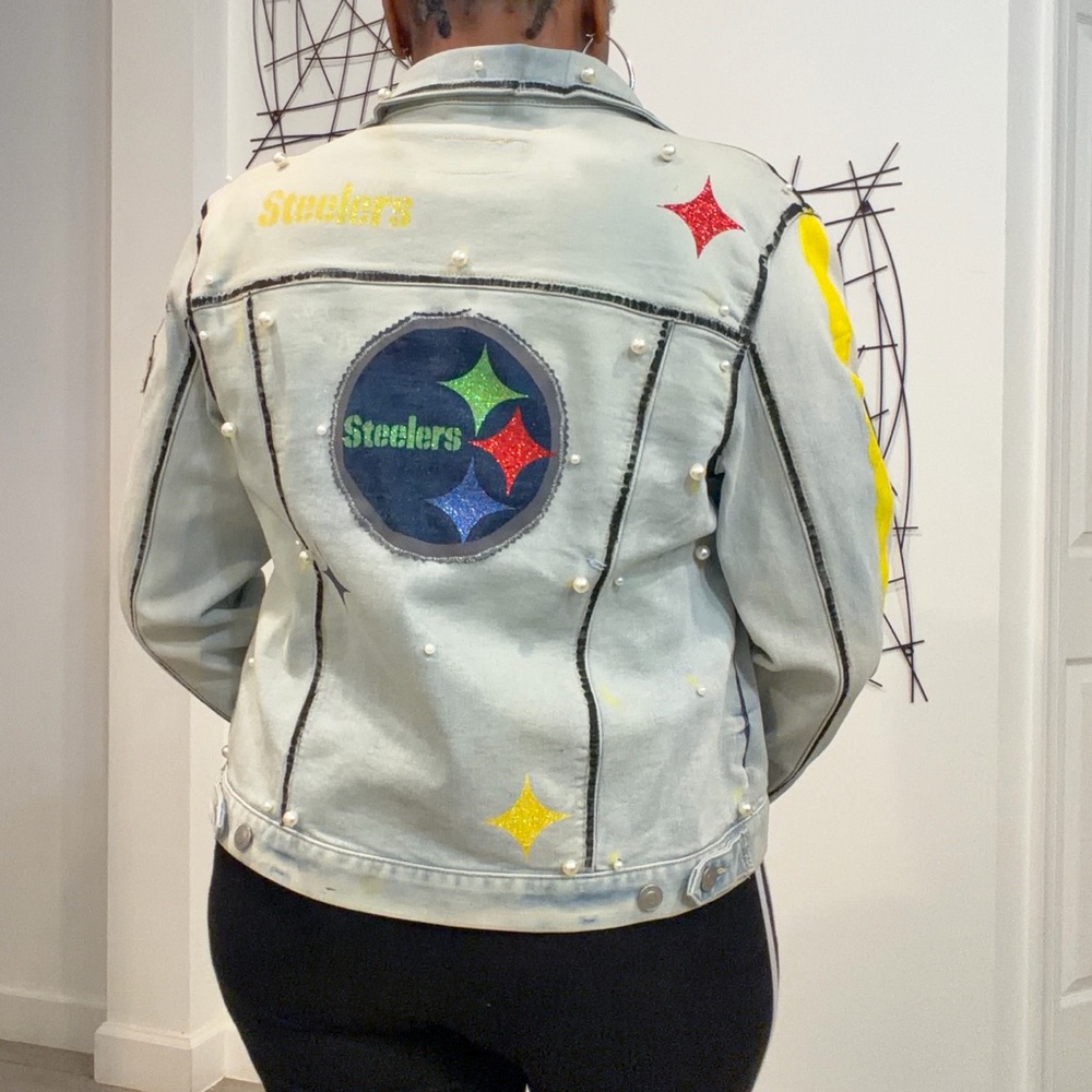 Custom Steelers Women's Embellished Denim Jacket - Picture 1 of 6